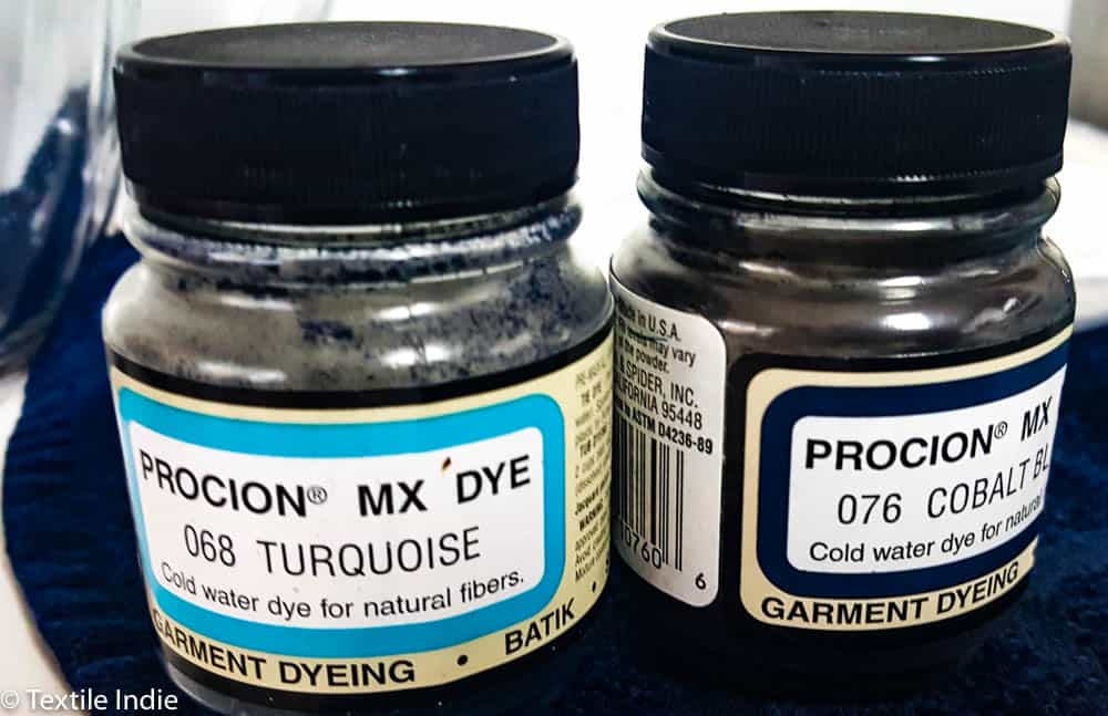 Two bottles of Procion MX dye ready for ice dyeing