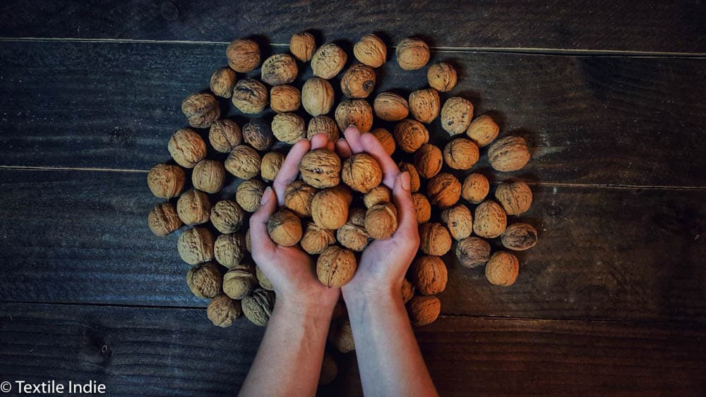 A womans hands holding a pile of walnuts, with more walnuts on a wood table top