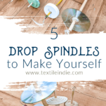Vase of 5 different homemade drop spindles. The same drop spindles are arranged on the floor in another image.