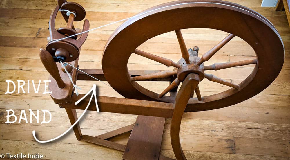 An Ashford Traditional Spinning wheel, view of the side, showing the drive band