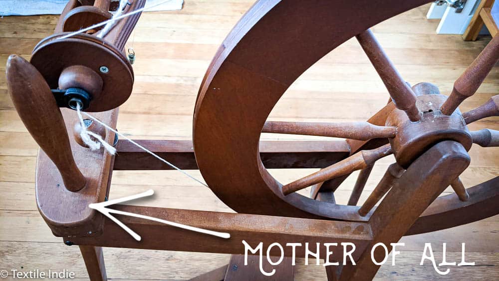 An Ashford Traditional Spinning wheel, detail view of the mother-of-all 