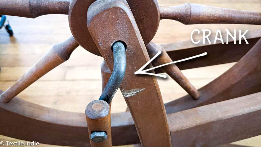 An Ashford Traditional Spinning wheel, detail view of the crank