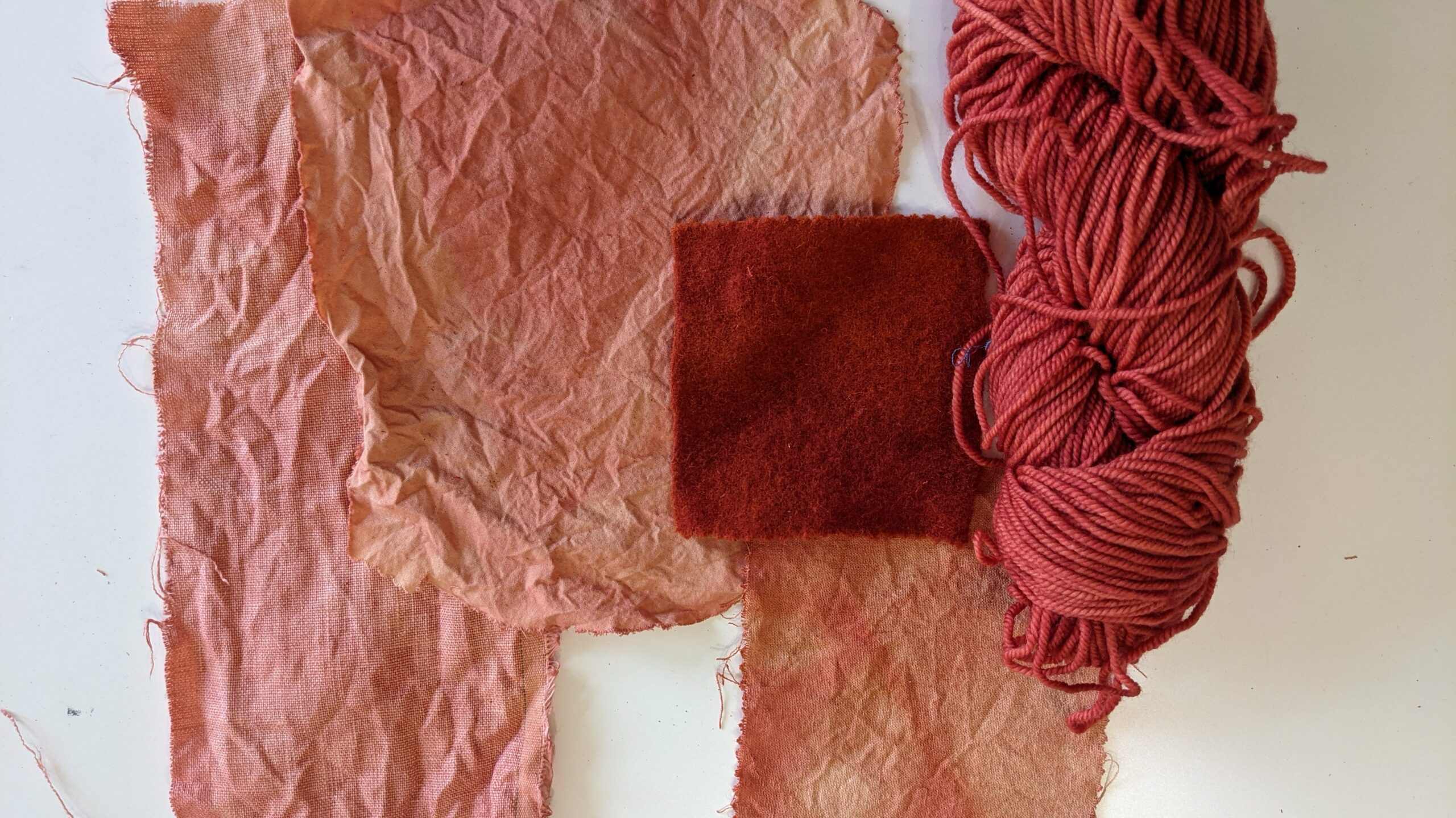 naturally dyed rose colored skein of yarn and cotton sample
