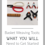 Tools used in basketry including basket shears, flat-tipped awl, metal and plastic spring clamps and a spoke weight.