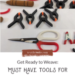 Tools used in basketry including basket shears, flat-tipped awl, metal and plastic spring clamps and a spoke weight.