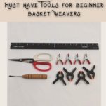 Tools used in basketry including basket shears, flat-tipped awl, metal and plastic spring clamps and a spoke weight.