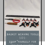 Tools used in basketry including basket shears, flat-tipped awl, metal and plastic spring clamps and a spoke weight.