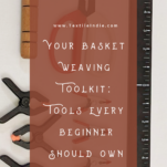 Tools used in basketry including basket shears, flat-tipped awl, metal and plastic spring clamps and a spoke weight.