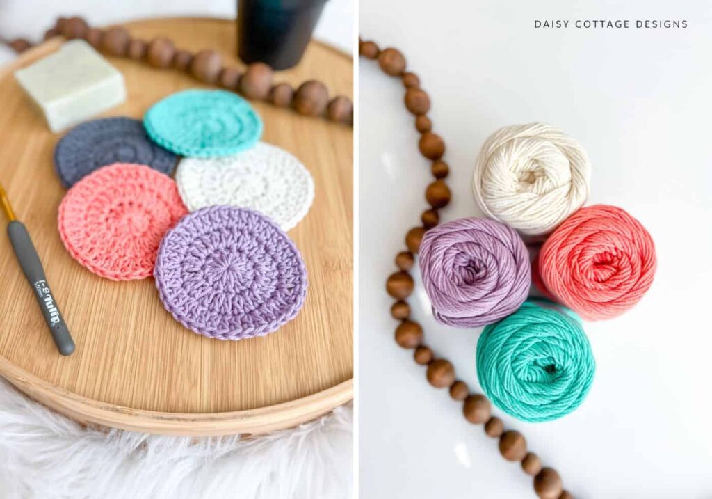 brightly colored crochet cotton face scrubbies on a wood background