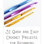 4 brightly colored crochet hooks on a white background.