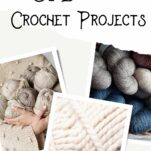 Grey, cream, and blue shades of yarn in frames that look like old fashioned snap shots.