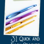 Brightly colored crochet hooks lined up on white background.