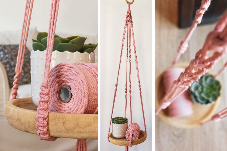 Pink Macrame Cord holding a wooden plate with a plant on it