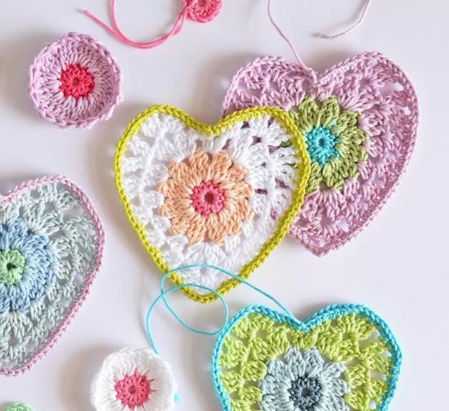 Granny Chic Hearts crochet with scrap yarn in vibrant colors
