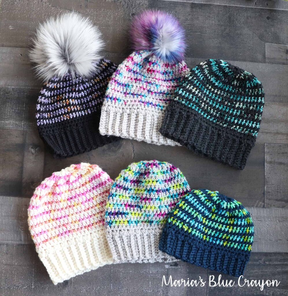 Marias Blue Crayon crochet beanies in bright colors 