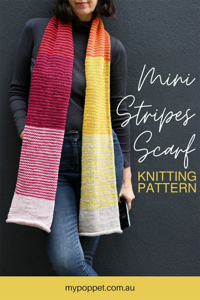 My Poppet striped knit scarf on a woman wearing jeans and a grey turtleneck