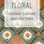 Granny squares laid out on a wooden table. The squares are crochet in green, white, and yellow to resemble daisies.