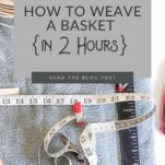 An array of basket weaving tools sit on a towel. The tools include a coil of reed, a straight-tipped packer, tape measure, clamps, reed snips, and a stake weight.