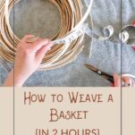 A coil of flat basket reed sitting on a towel. A womans hands hold a tape measure and reed snips.
