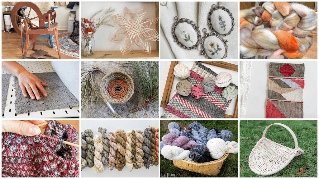 Collection of images representing fiber arts: a spinning wheel, a Scandinavian snowflake, embroidered pendants, dyed wool fiber, handmade paper, pine needle basket, rag rug weaving, tapestry weaving, knitting, naturally dyed skeins of yarn, basket of handspun yarns, flower gathering basket made from rattan reed.